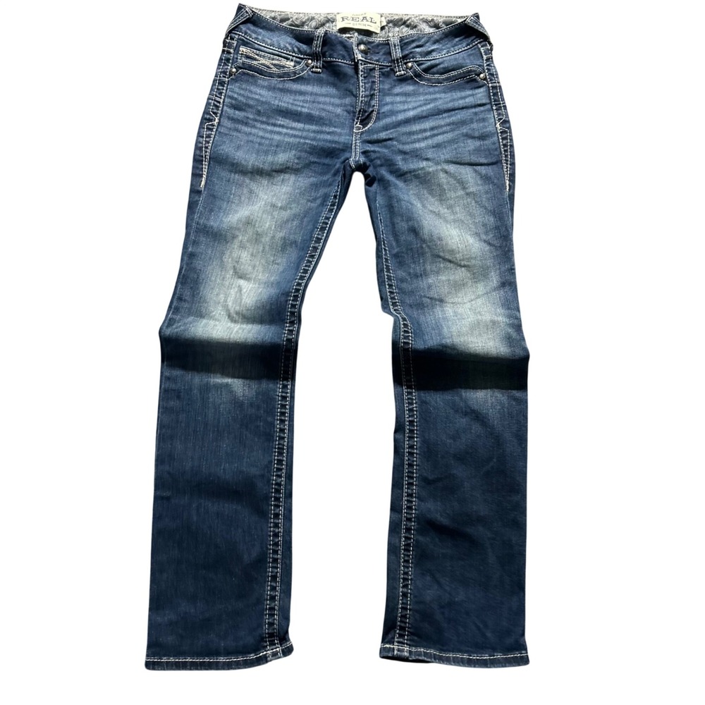 Ariat REAL Denim Jeans Womens 29S Dark Wash Blue Straight Leg Western Contrast